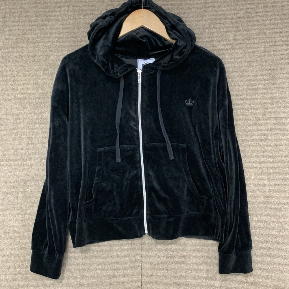 Juicy Couture Black Velour Zip Hoodie Jacket Women's Large Y2k Loungewear